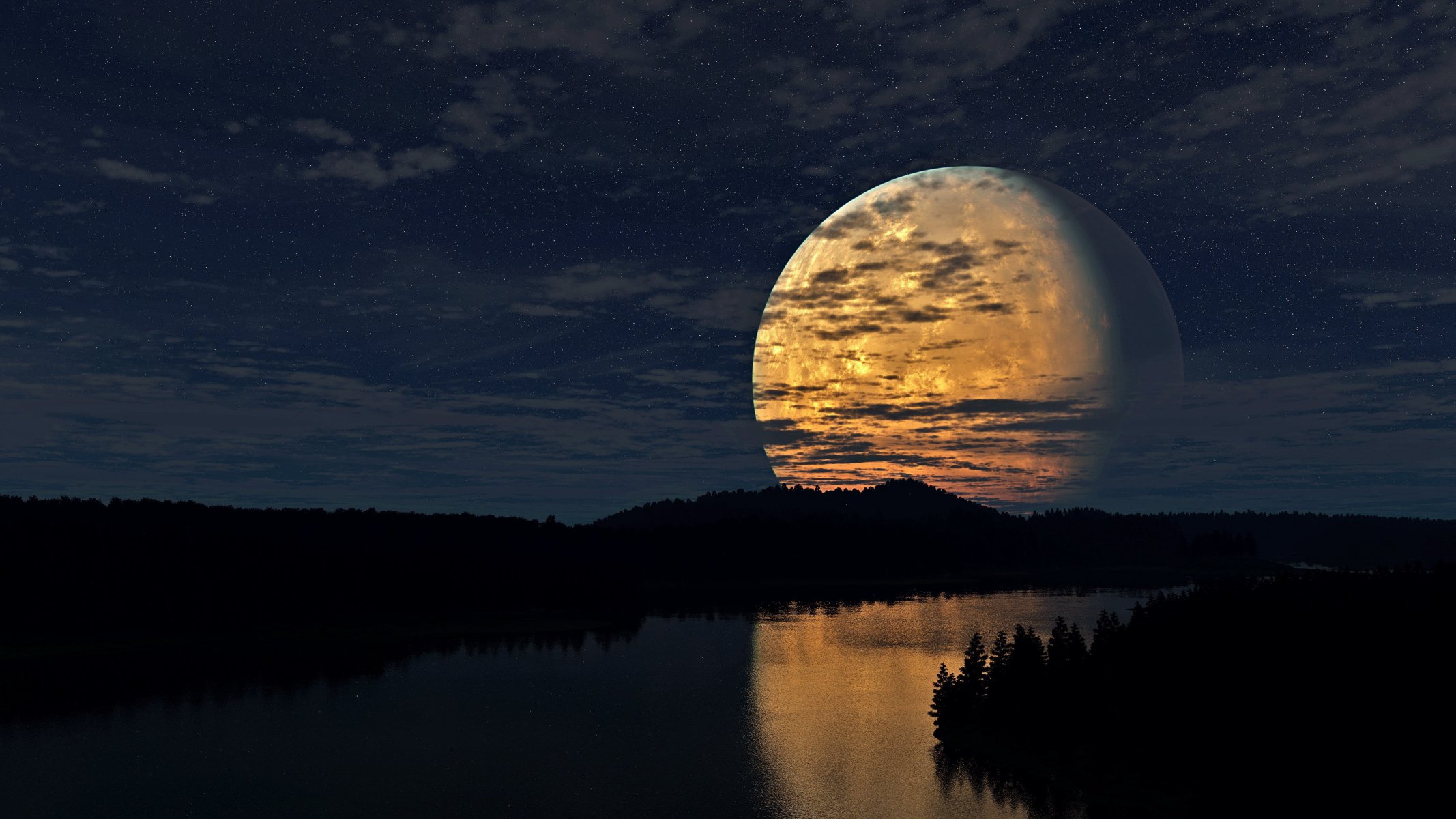 lune rivière nuit ciel nuages étoiles forêt lumière