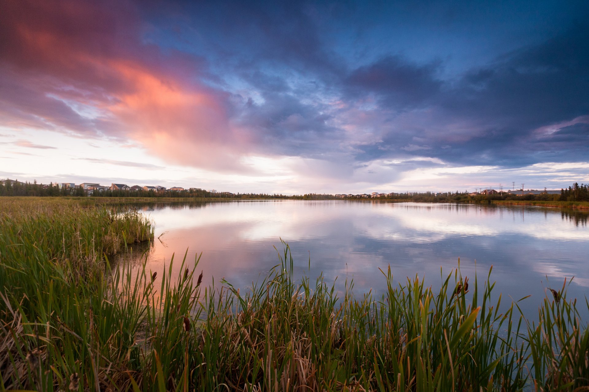 canadá lago hierba juncos casas pueblo noche cielo nubes