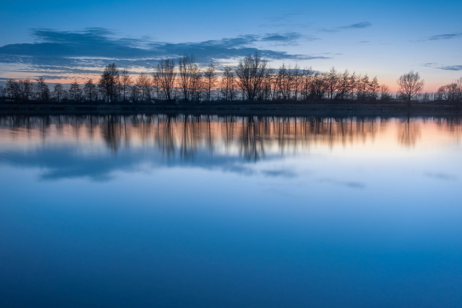 árboles fila lago agua superficie reflexión azul cielo nubes tarde puesta del sol silencio