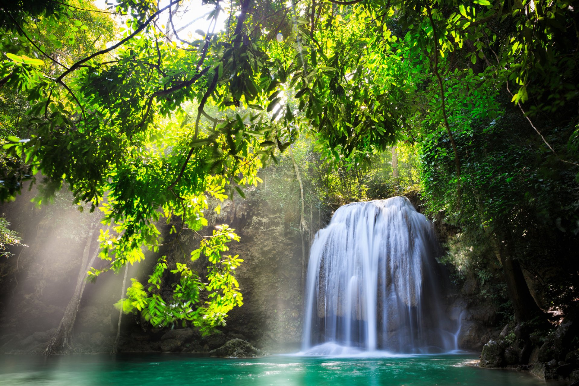 kanchanaburi thailand waterfall nature tree sun sun rays water beautiful