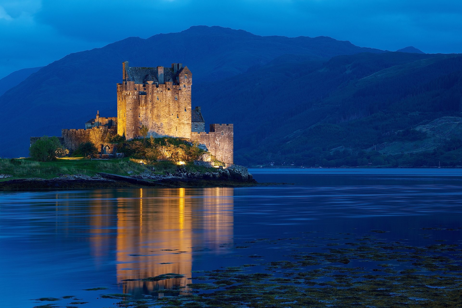 united kingdom scotland dornie night water castle backlight light mountains hills blue hour