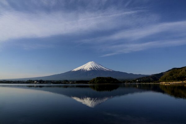 A mountain with a snowy peak is reflected in the lake