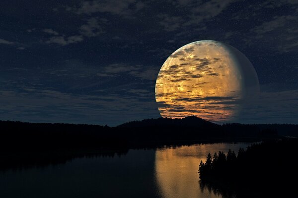 La enorme Luna se refleja en el agua