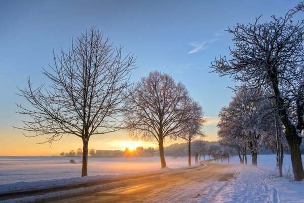 Golden dawn against the blue sky. winter in germany