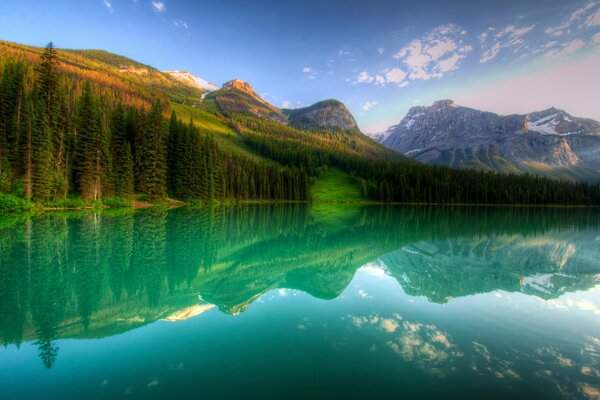 Lago della foresta sullo sfondo delle montagne in Canada