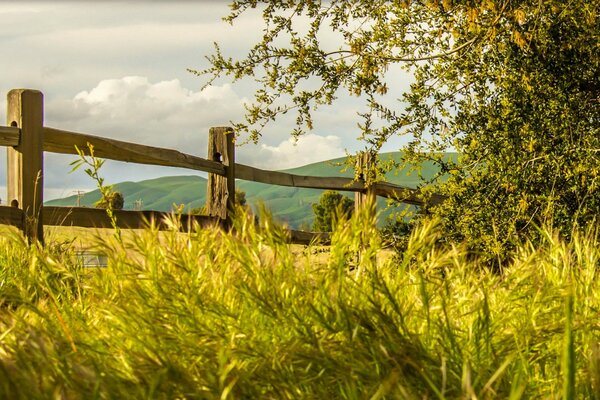 Wooden fence with grass on the background of mountains