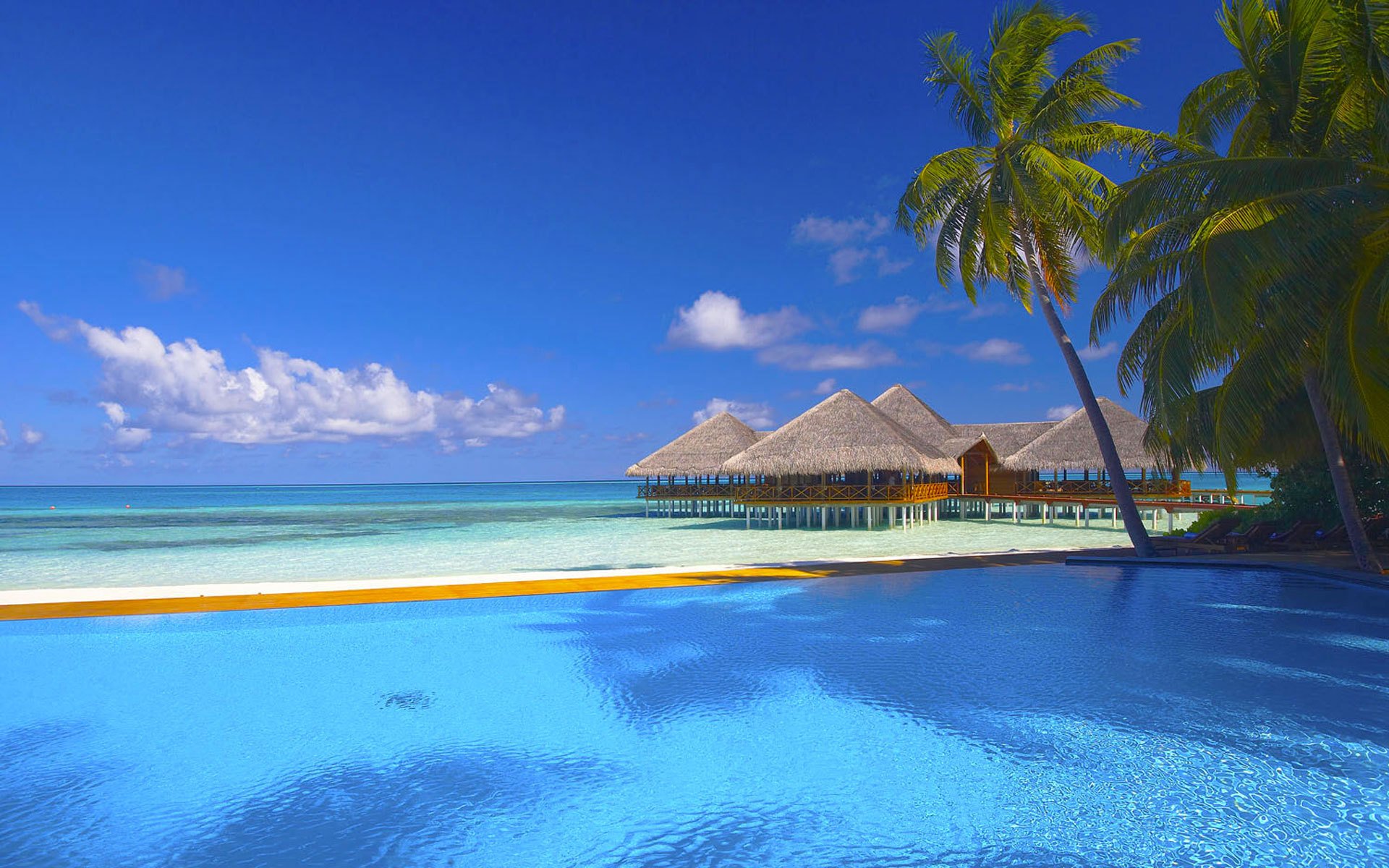 meer ozean strand häuser palme palmen pool sonnenliegen himmel wolken sand