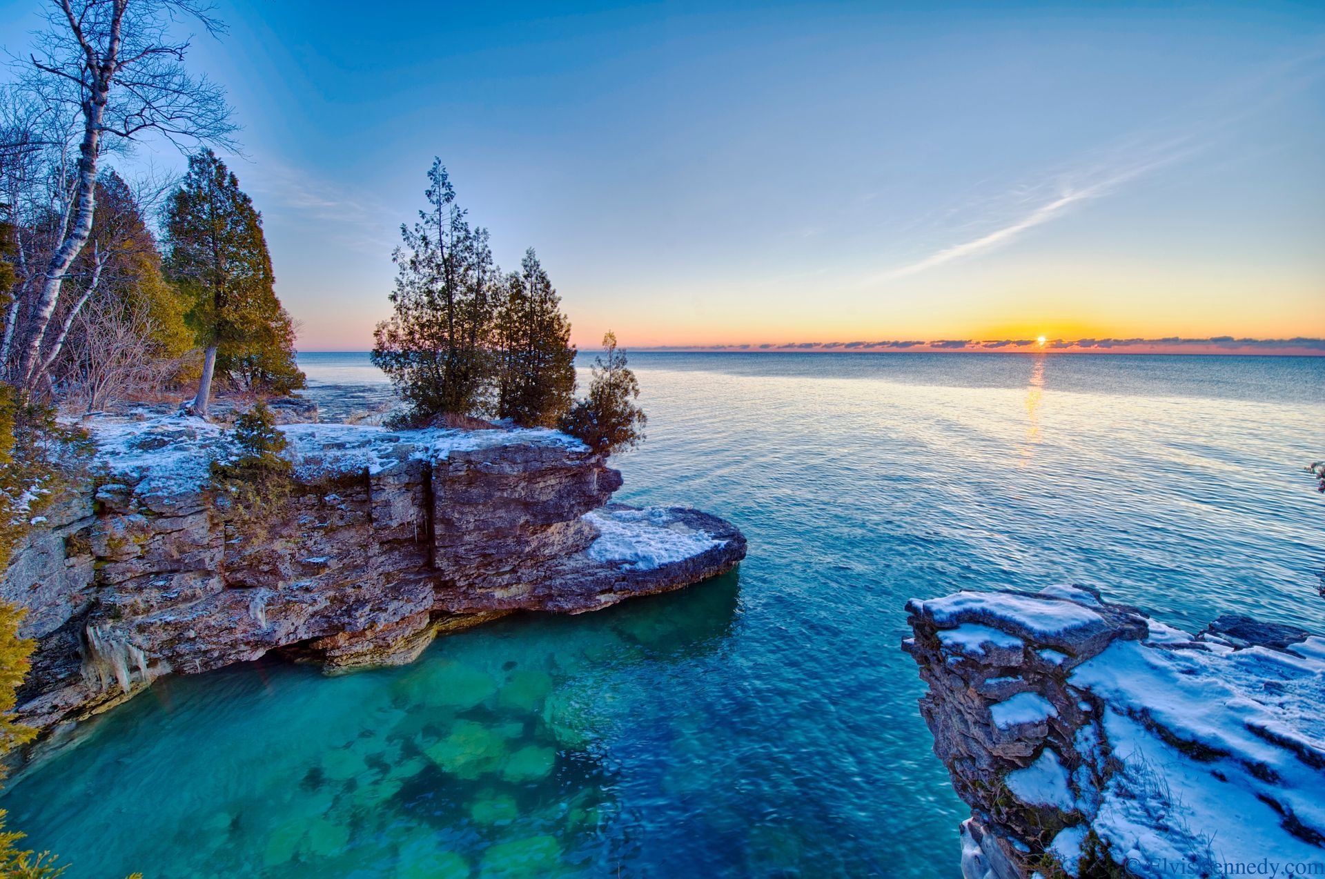 lake michigan sonnenaufgang felsen bäume