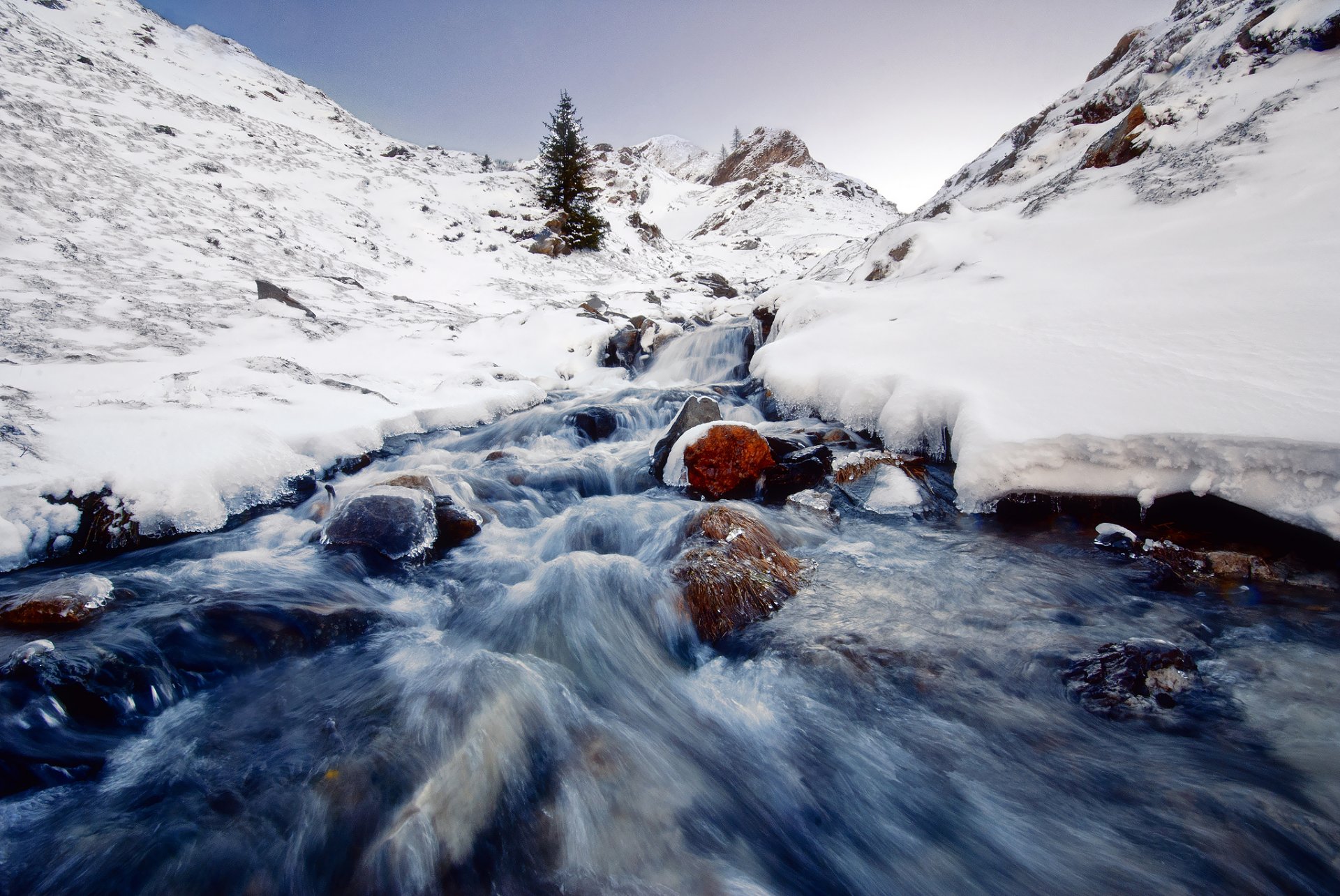 natur felsen fluss bäche steine schnee