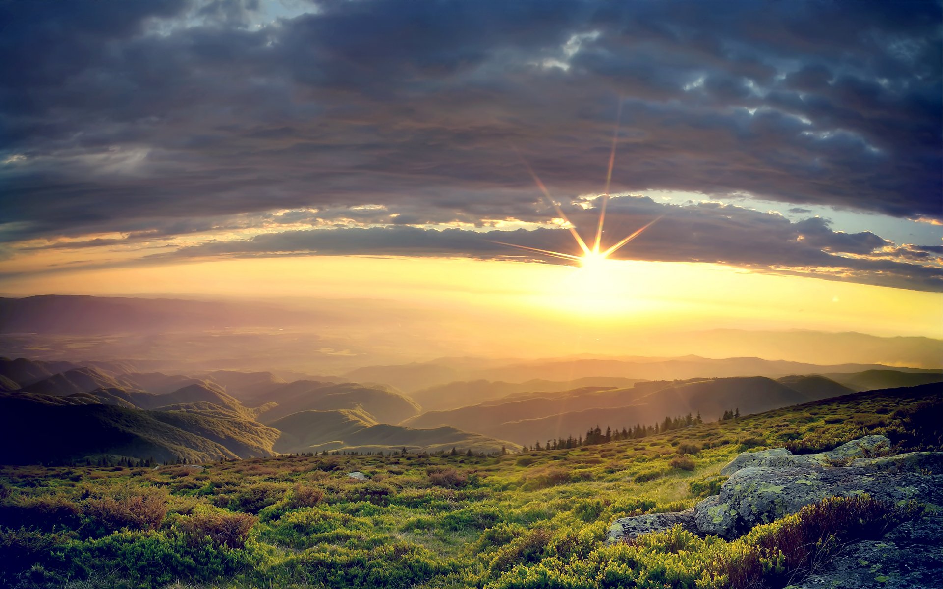 hills sunset rock grass clouds stone