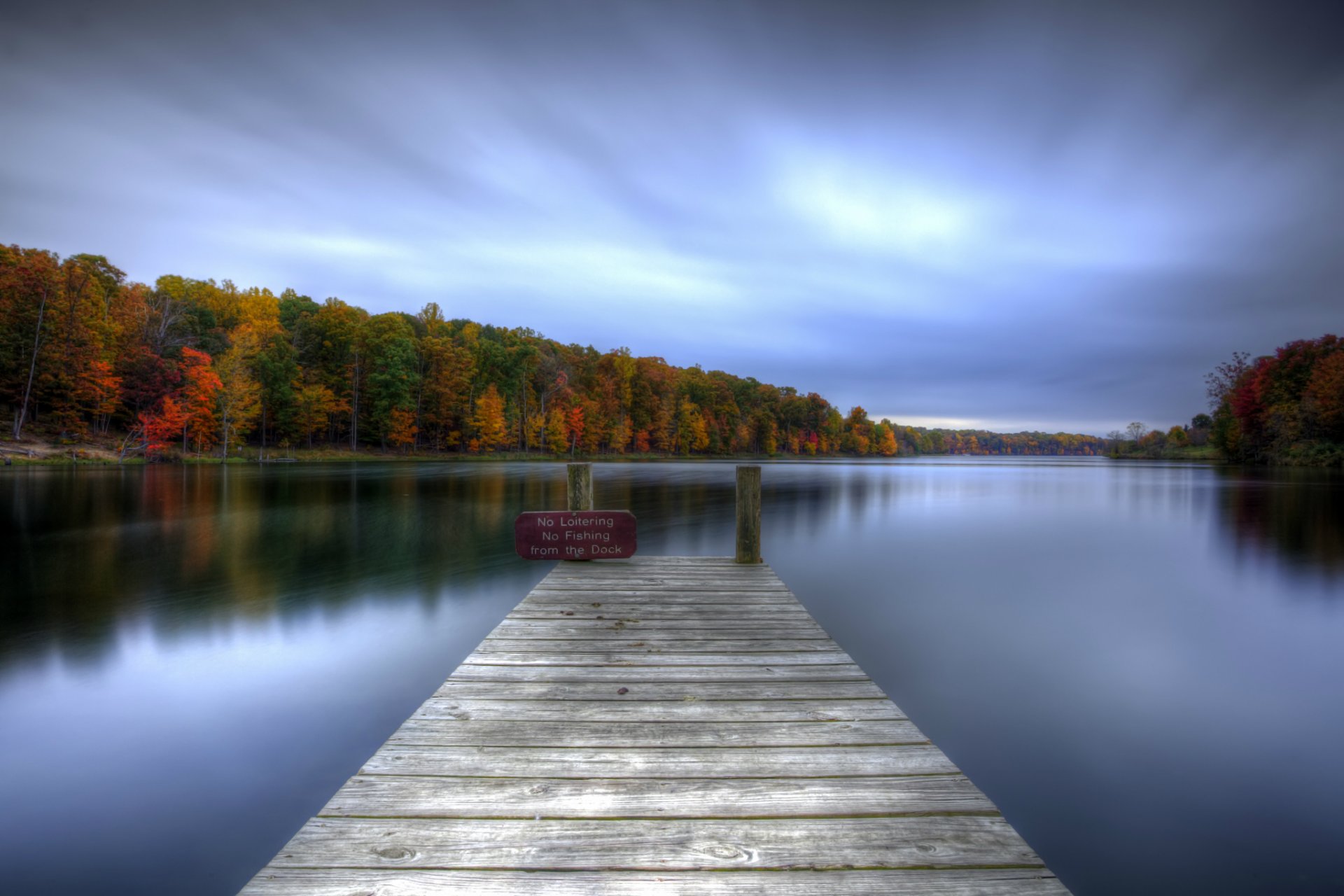 lake water surface of wood bridge plate autumn tree reflection sky cloud