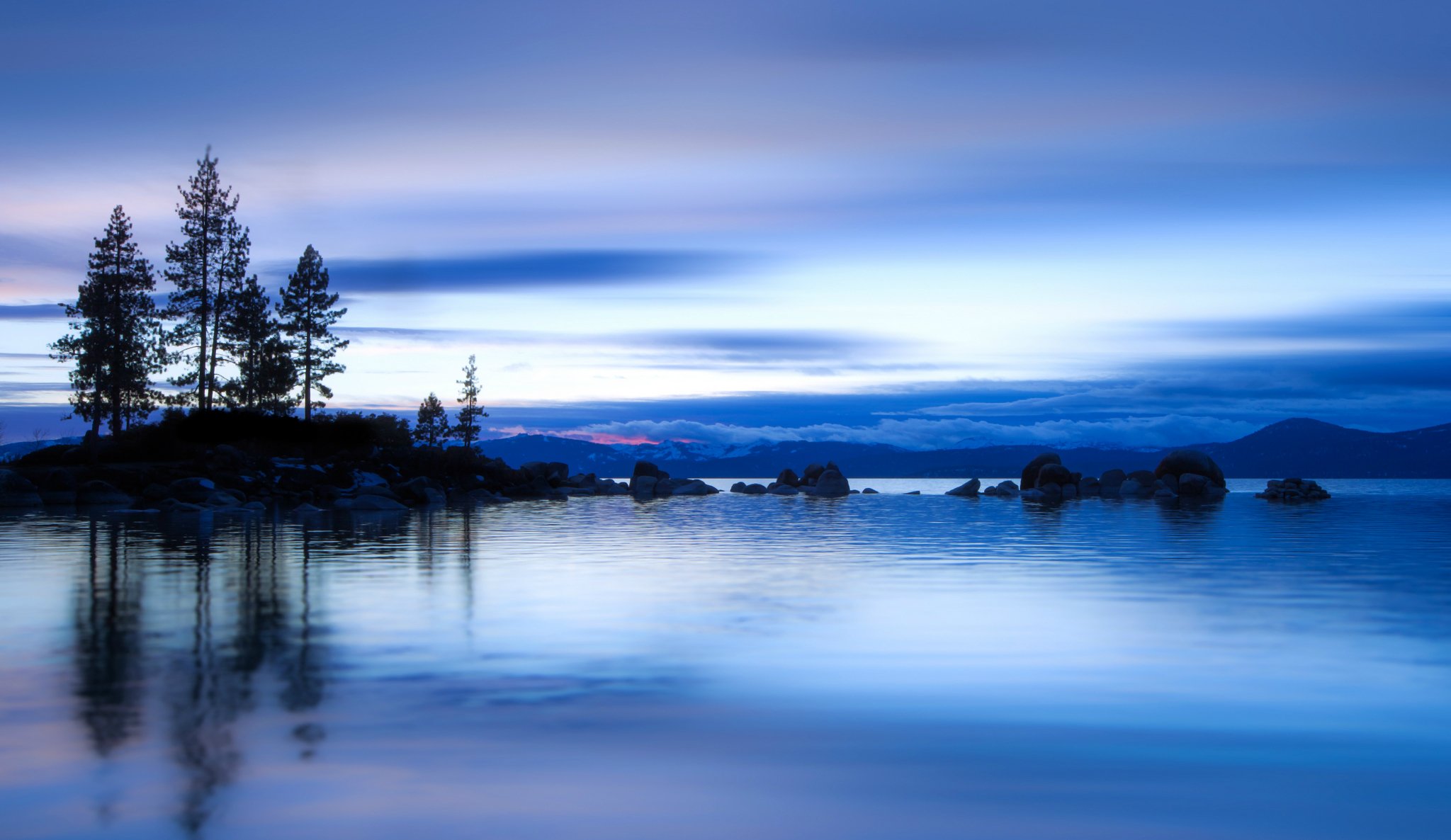 usa see wasser oberfläche reflexion abend ufer bäume himmel wolken blau