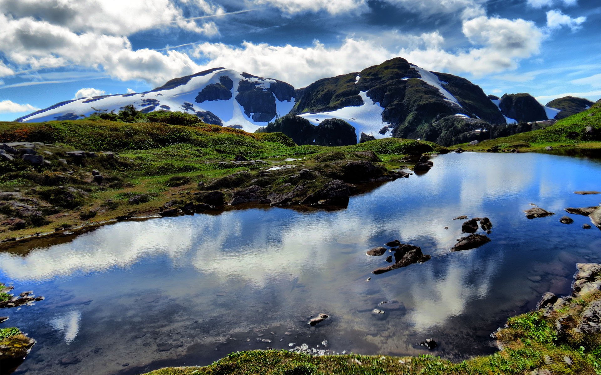 nature lake water mountain stones snow reflection cloud