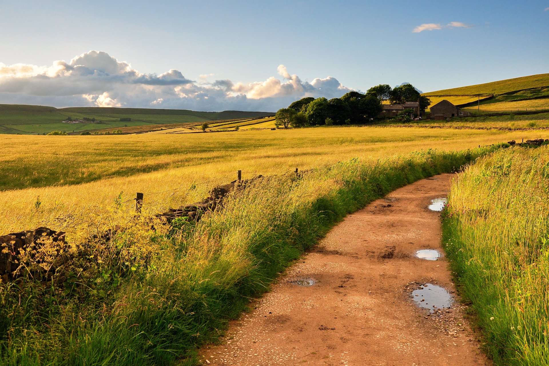 natura inghilterra gran bretagna campi strada pozzanghere erba vento cielo nuvole case