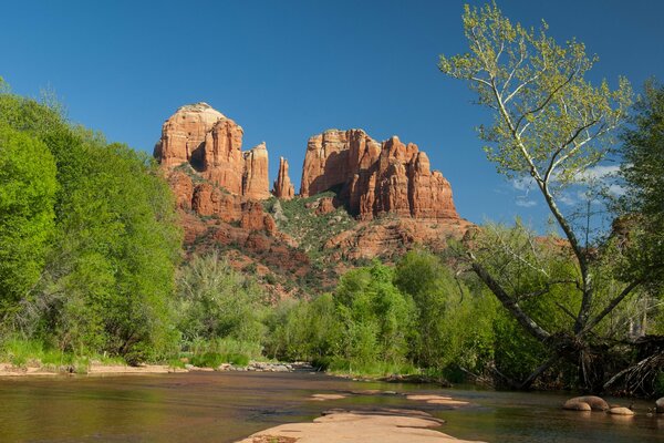 Rocks like a castle rise on a hill