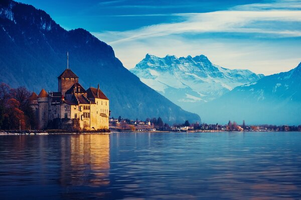 Lake Geneva, city landscape on the background of mountains