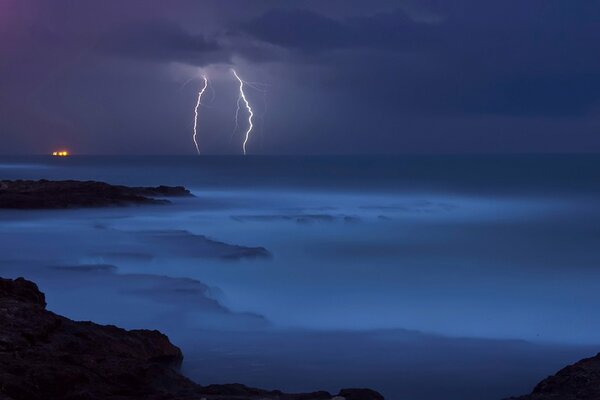 A lightning eruption somewhere in the sea