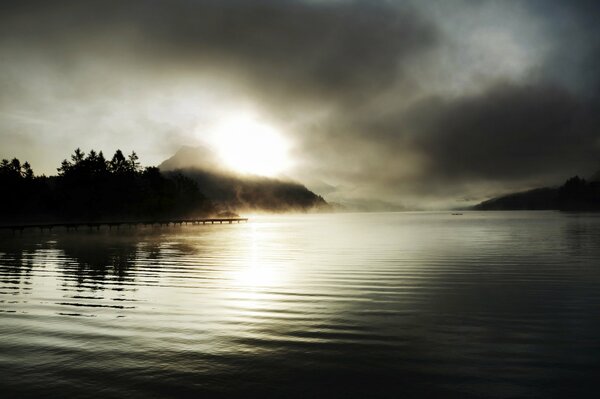 Fog over the lake and forest