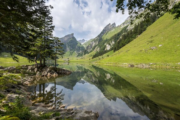 Las montañas alpinas se reflejan en el lago