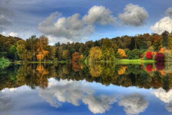 En el hermoso parque en el lago reflejo del cielo azul