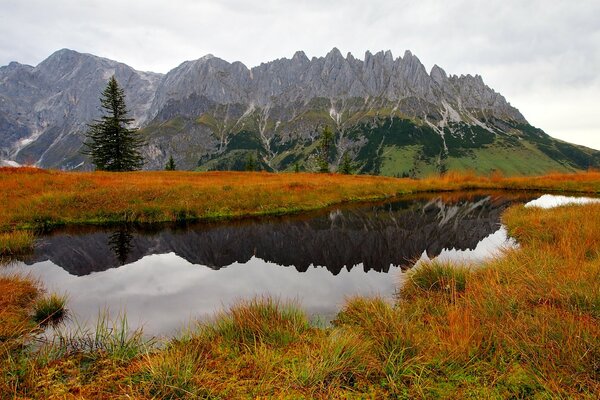 Autumn nature with mountains and water