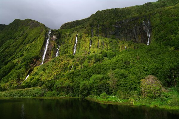 Waterfalls in the Azores on a cloudy day