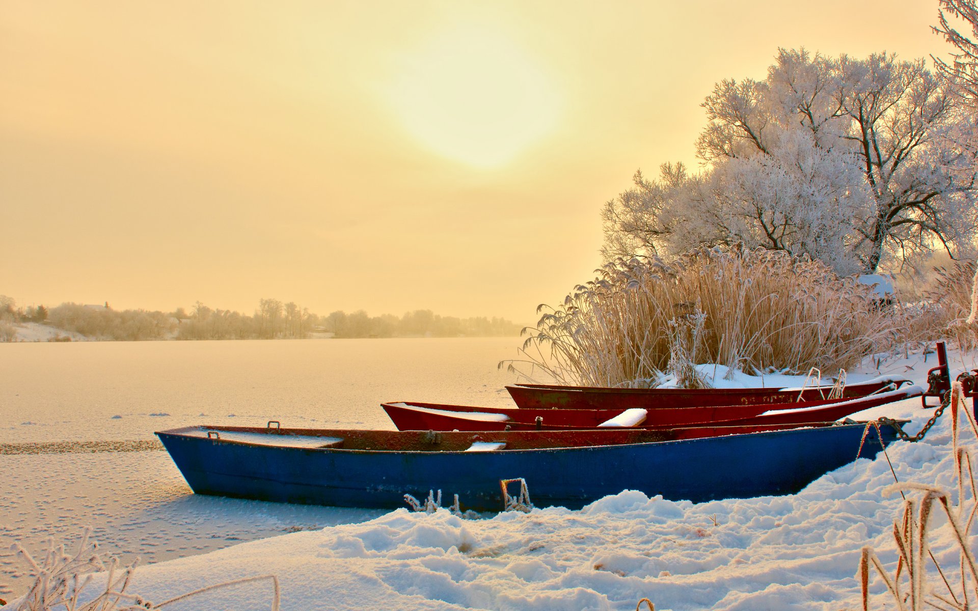 bateaux hiver soir rivière neige