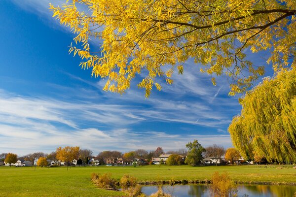 Étang d automne près des maisons