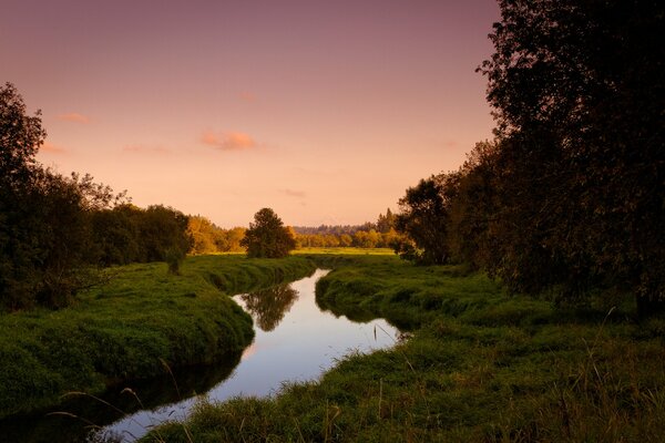 Sunset stream between grassy banks