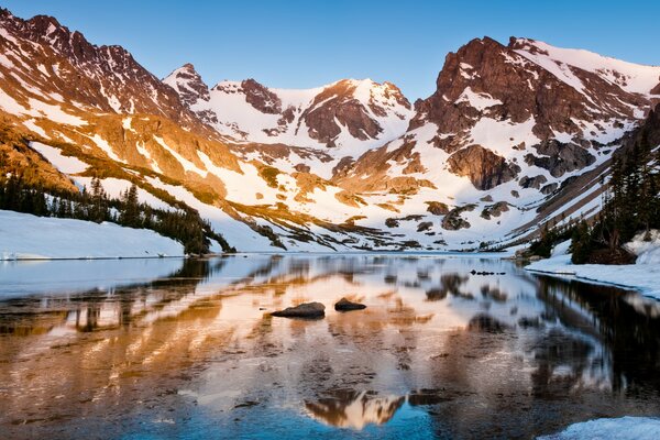 Reflection of spotted mountains in the lake