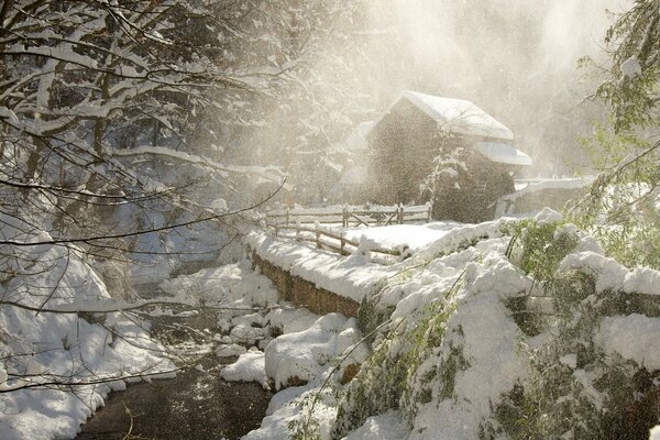 Casa en el bosque mágico de invierno