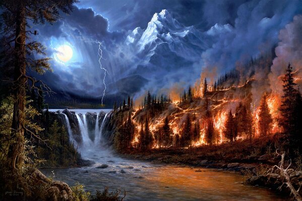 Fire forest and waterfall on a full moon