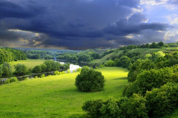 The clouded sky over the green meadow