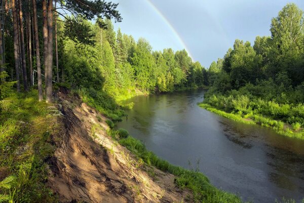 Tęcza nad rzeką w lesie