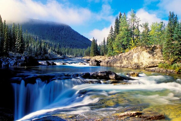 Hermoso paisaje de montañas con bosque y cascada