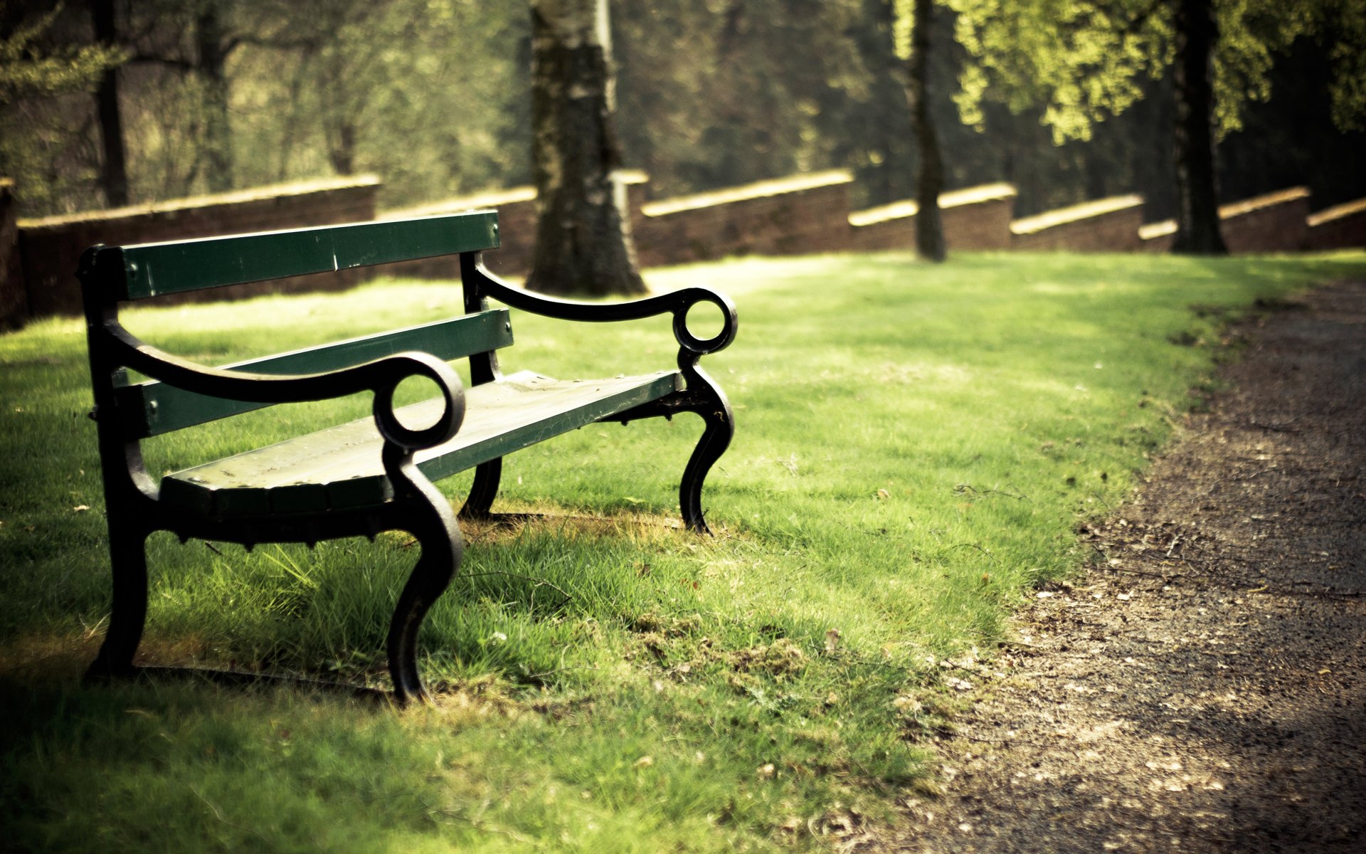 parco panchina panchina recinzione estate giorno erba verde alberi fogliame sentiero sentiero ricreazione luce sole