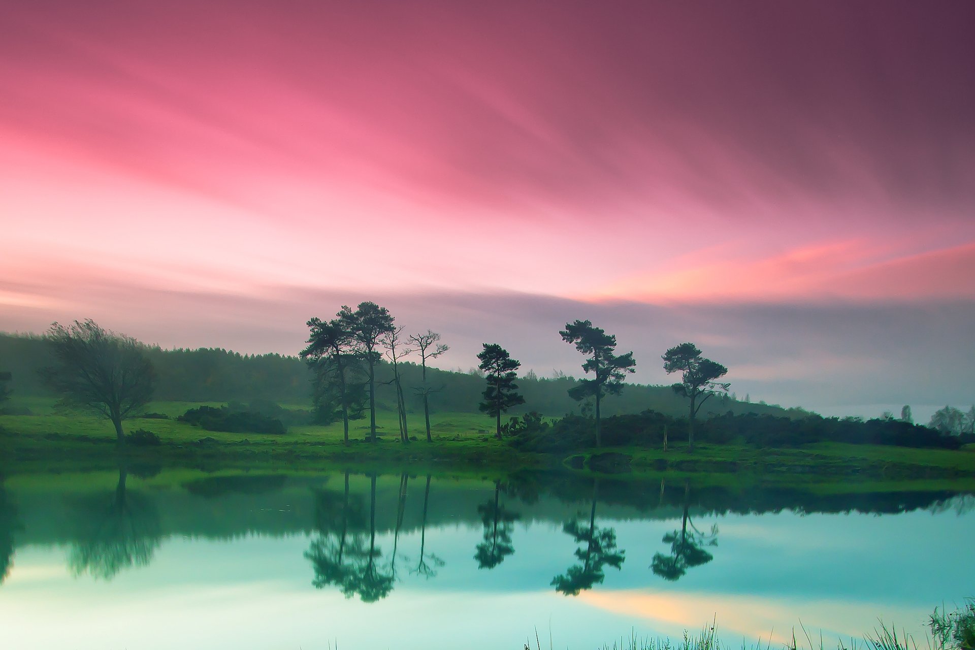 naturaleza río costa verde rosa cielo