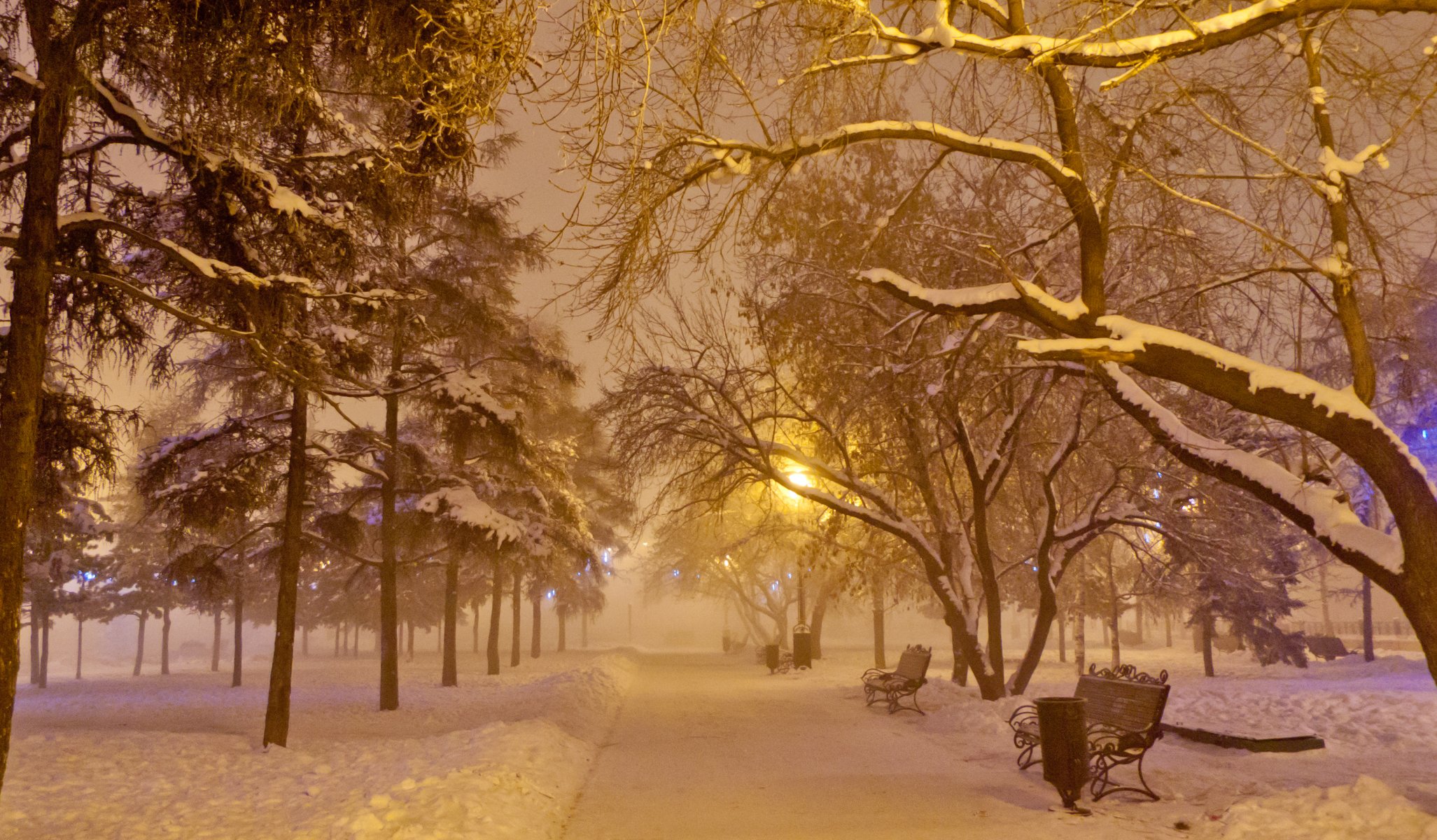 nouvel an ruelle neige givre brouillard place banc lanterne guirlande nuit