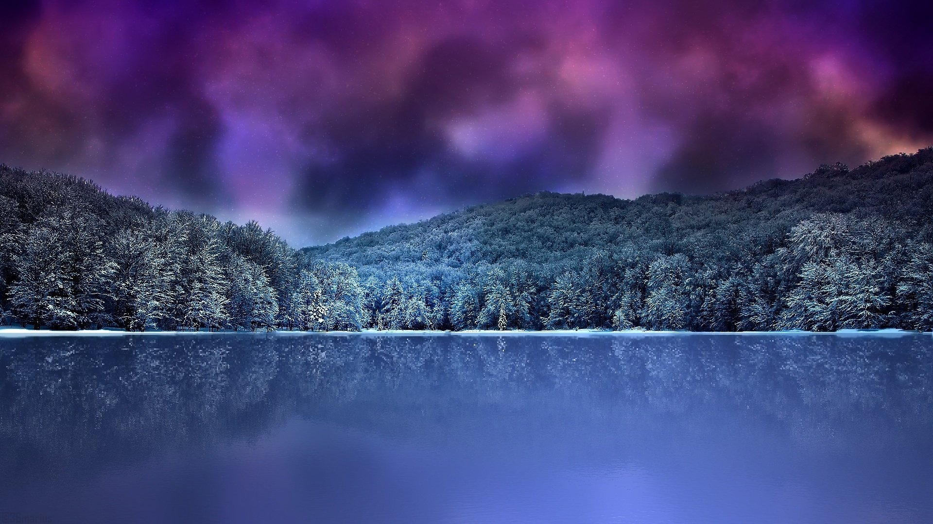 winter mountain forest lake night cloud