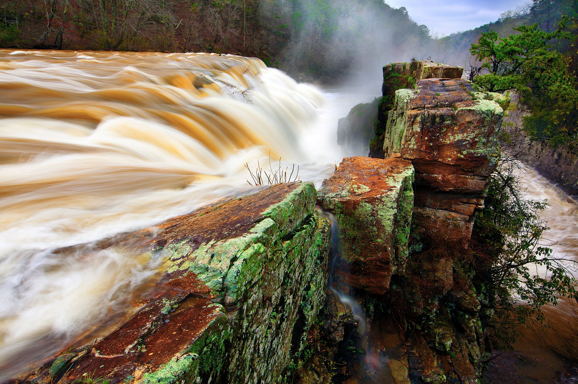 natura fiume cascata flusso diga pietre cespugli