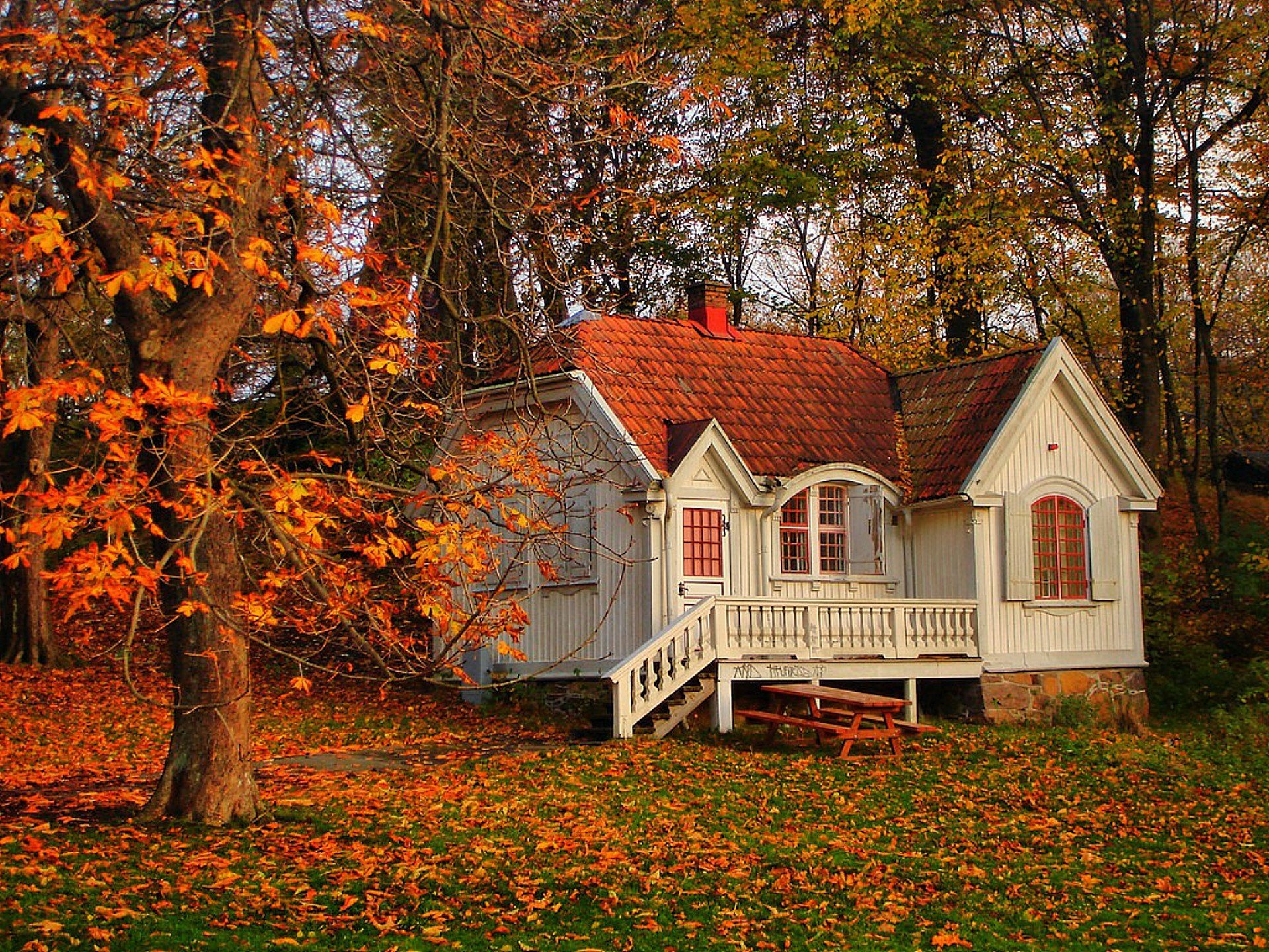 natur landschaft haus baum bäume blätter herbst