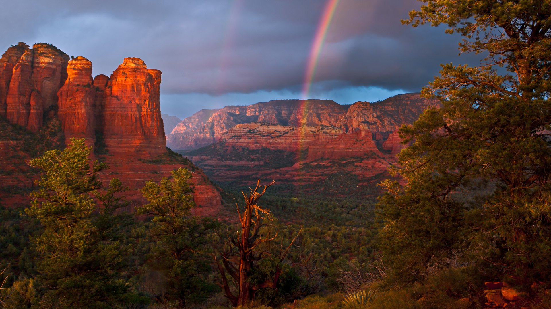 arco iris cielo nubes montañas árboles paisaje