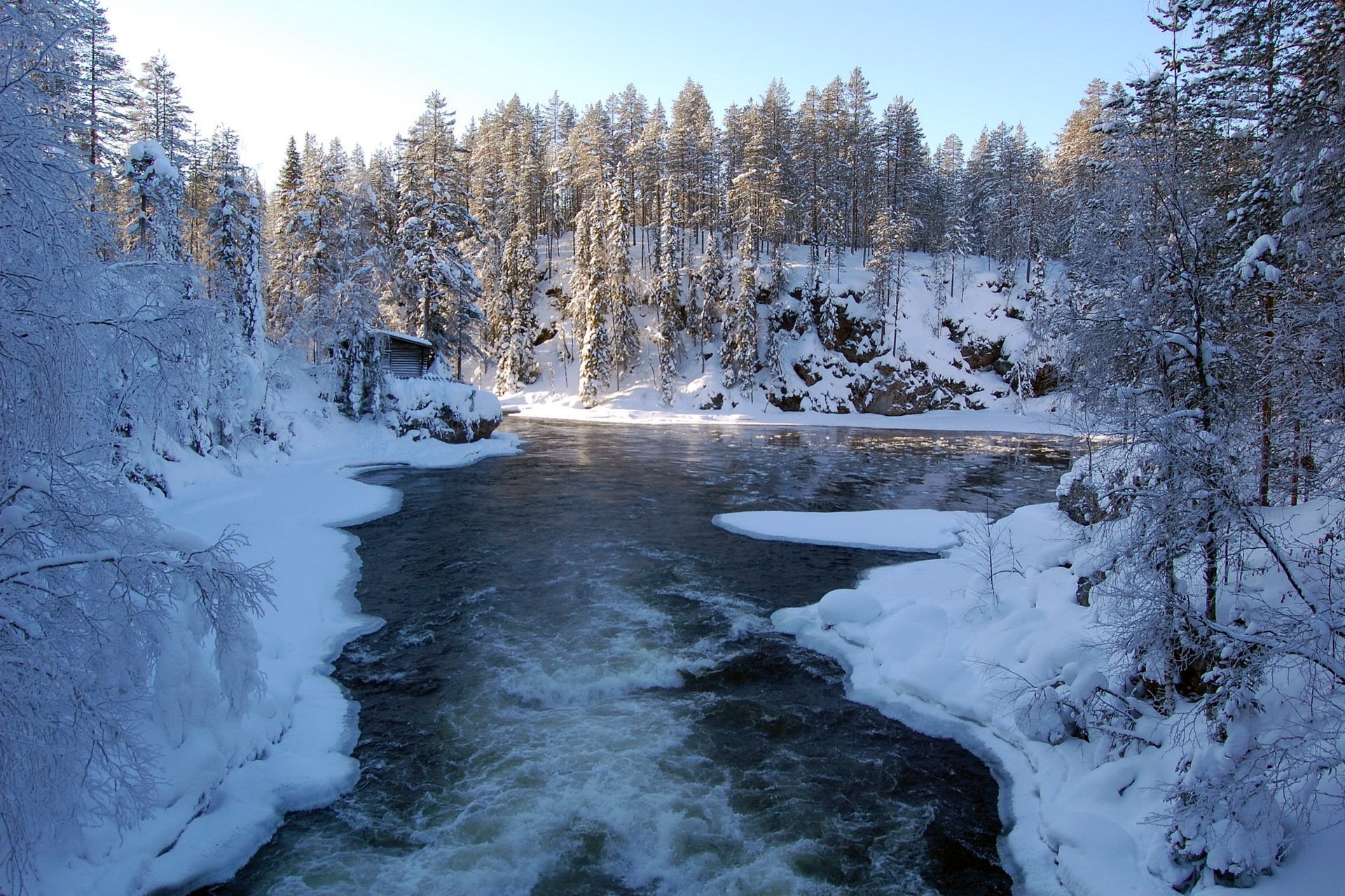 invierno nieve hielo bosque árboles casa río