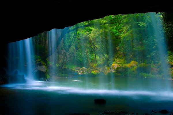 A beautiful waterfall in the autumn forest