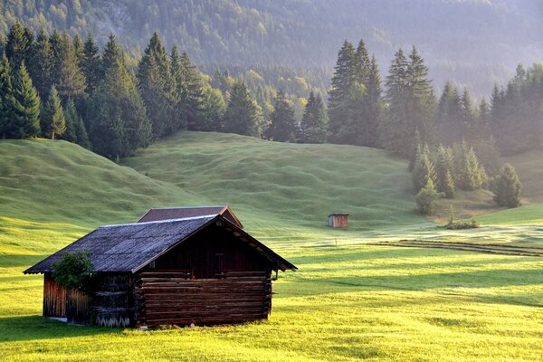 Berge im Wald und ein Häuschen am Hang