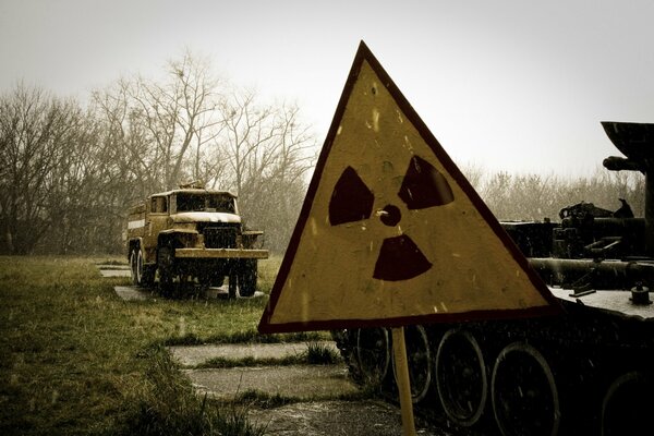 Radiation sign in Pripyat in the rain