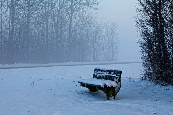 Verschneite Bank vor dem Hintergrund der Winterlandschaft