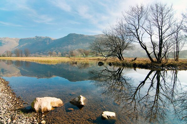 Un río de montaña, un reflejo de la naturaleza en él