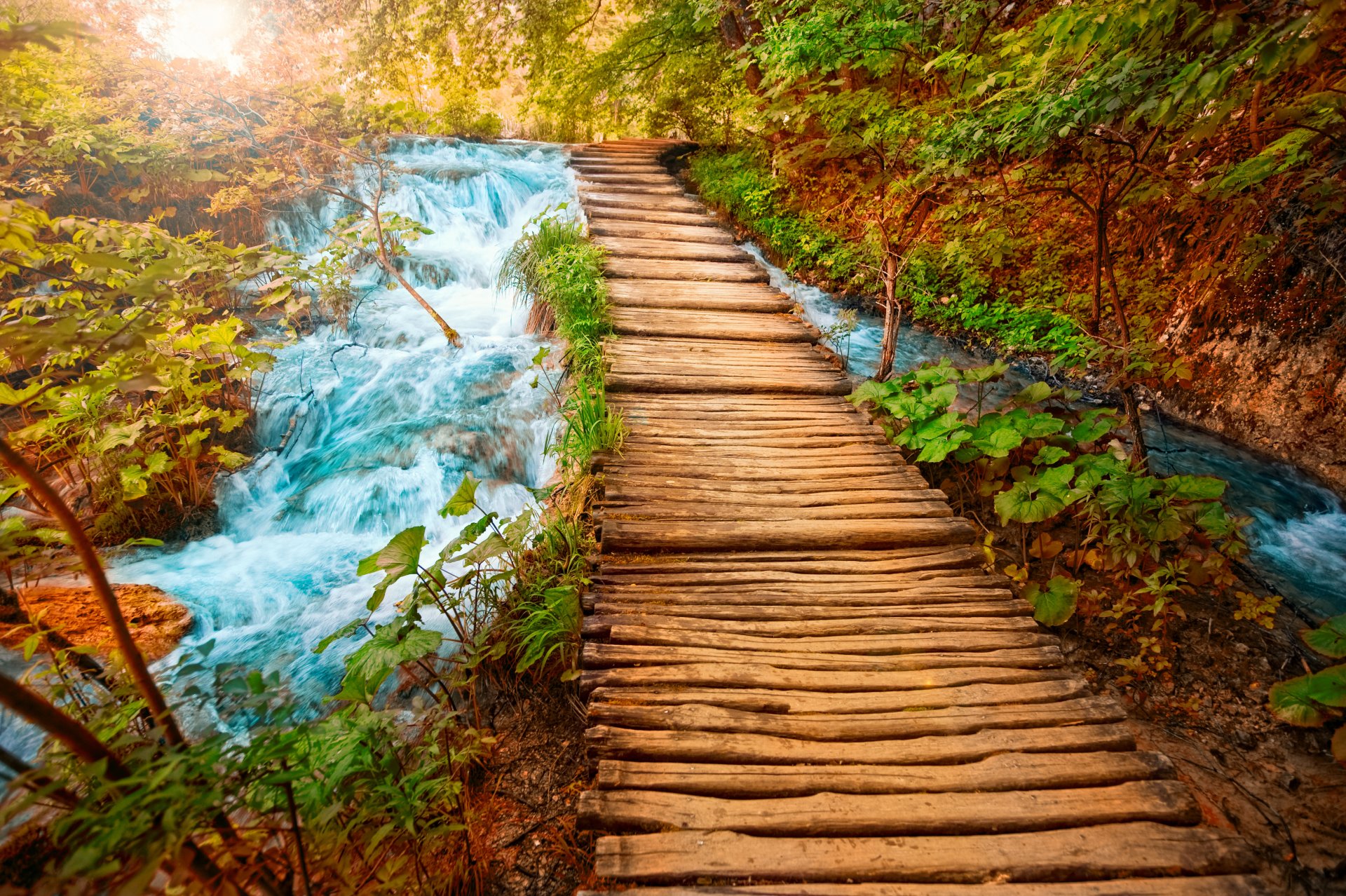 river waterfall bridge bridge logs water stones mountain beauty path