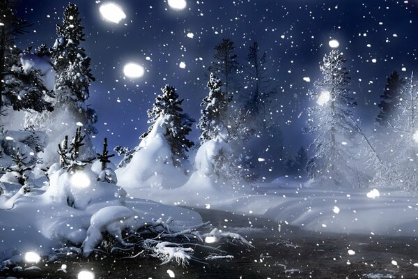 Paysage de nuit d hiver. Chevrons dans la neige